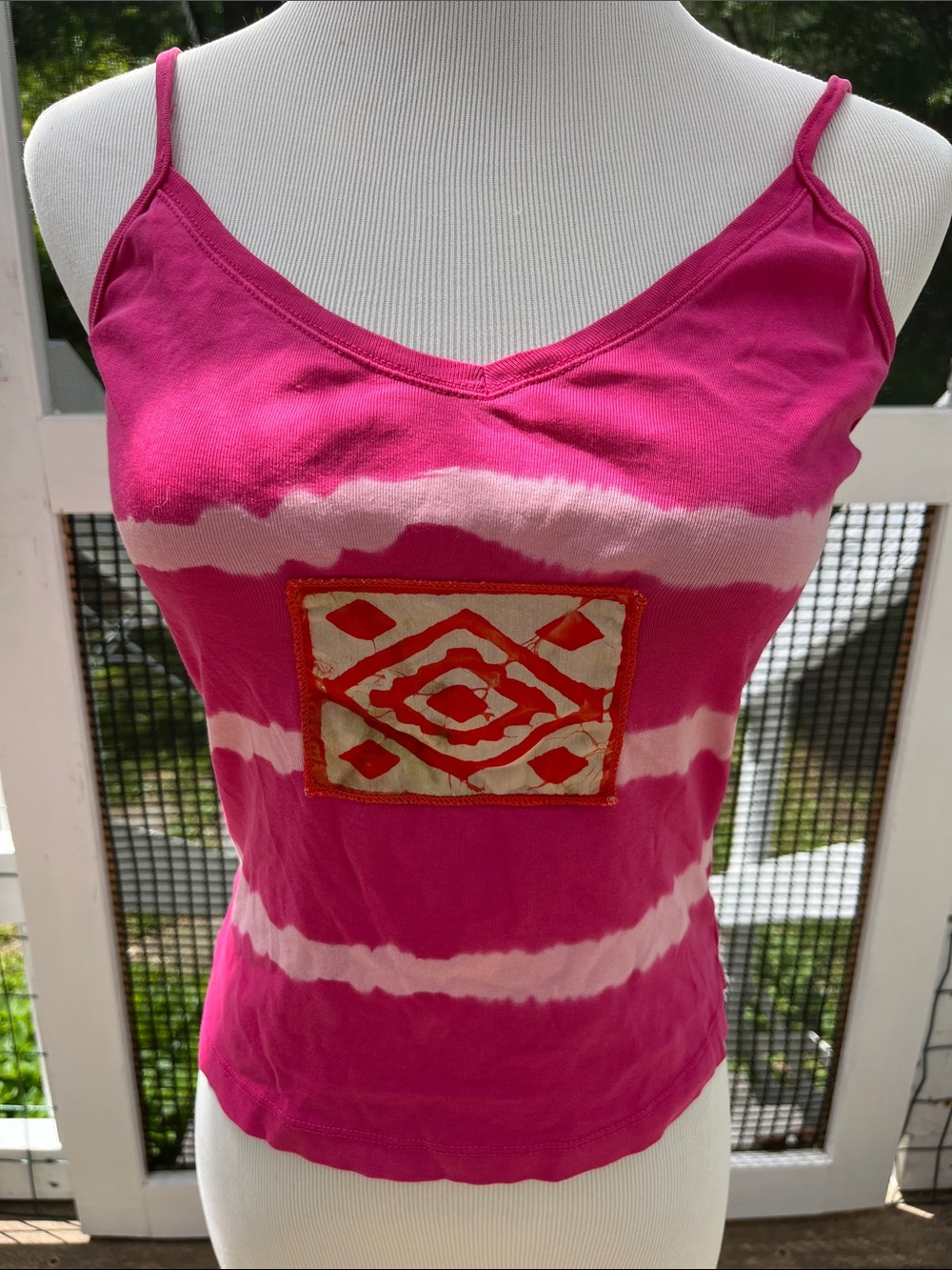 Vintage Velvet camisole tank top pink tie dye with orange design appliqué 
Wm S